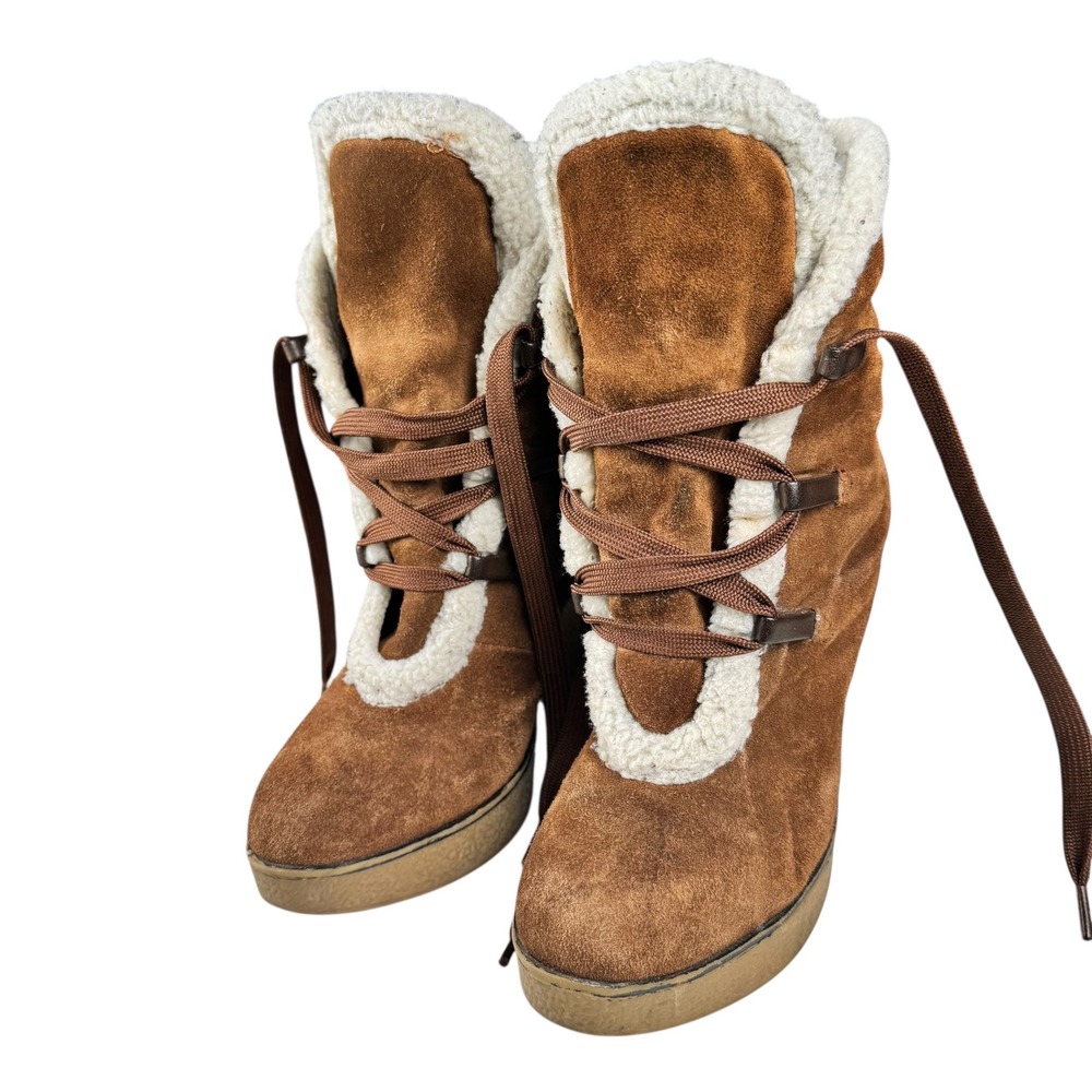 MIA Glenda C21327 Tan Suede Sherpa Lined‎ Lace Up Wedge Ankle Boots Womans 7.5M